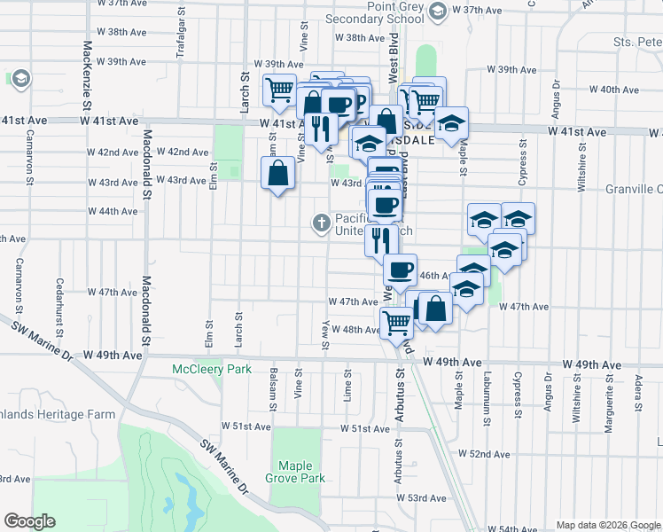 map of restaurants, bars, coffee shops, grocery stores, and more near 6168 Yew Street in Vancouver