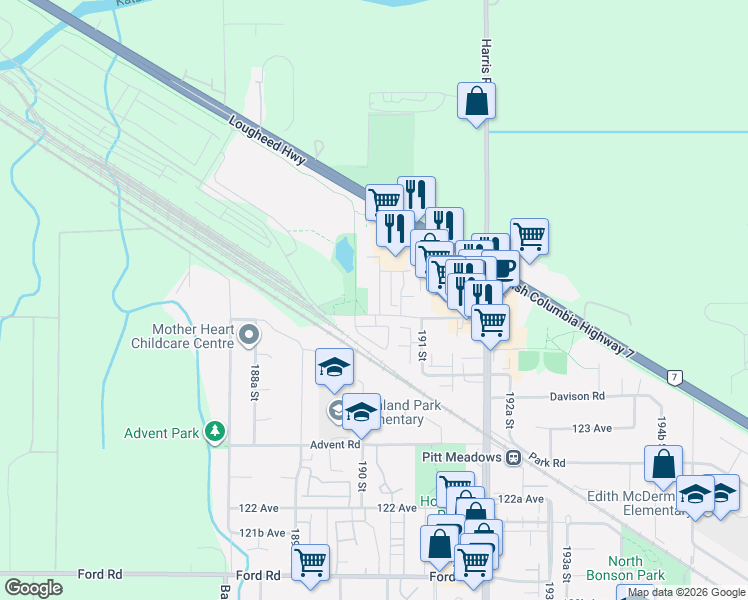 map of restaurants, bars, coffee shops, grocery stores, and more near 12525 190A Street in Pitt Meadows