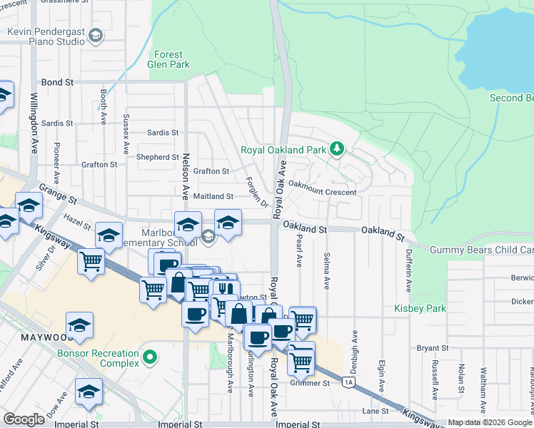 map of restaurants, bars, coffee shops, grocery stores, and more near 5957 Forglen Drive in Burnaby