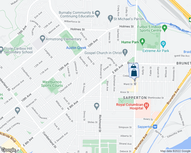 map of restaurants, bars, coffee shops, grocery stores, and more near 818 Burnaby Street in New Westminster