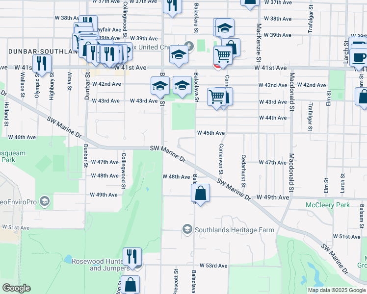 map of restaurants, bars, coffee shops, grocery stores, and more near 6138 Southlands Place in Vancouver