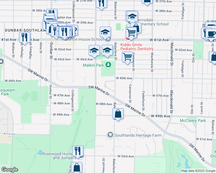 map of restaurants, bars, coffee shops, grocery stores, and more near 6138 Southlands Place in Vancouver