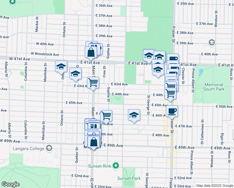 map of restaurants, bars, coffee shops, grocery stores, and more near East 44th Avenue in Vancouver