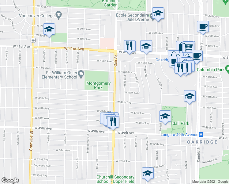 map of restaurants, bars, coffee shops, grocery stores, and more near 6098 Oak Street in Vancouver