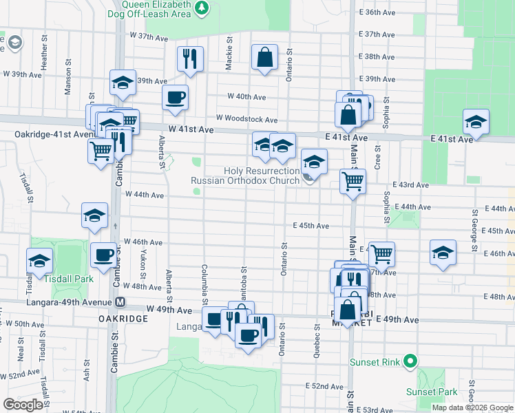 map of restaurants, bars, coffee shops, grocery stores, and more near 66 West 44th Avenue in Vancouver