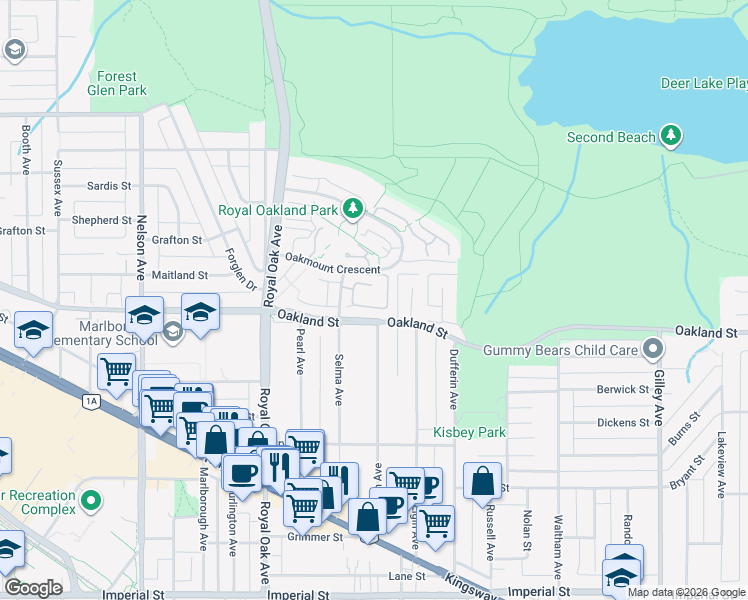 map of restaurants, bars, coffee shops, grocery stores, and more near 5950 Oakdale Road in Burnaby