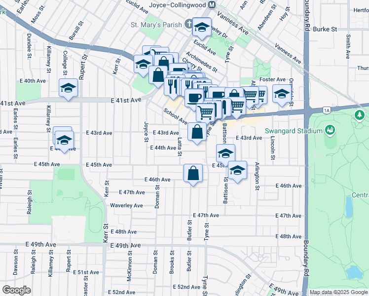 map of restaurants, bars, coffee shops, grocery stores, and more near 3311 East 44th Avenue in Vancouver