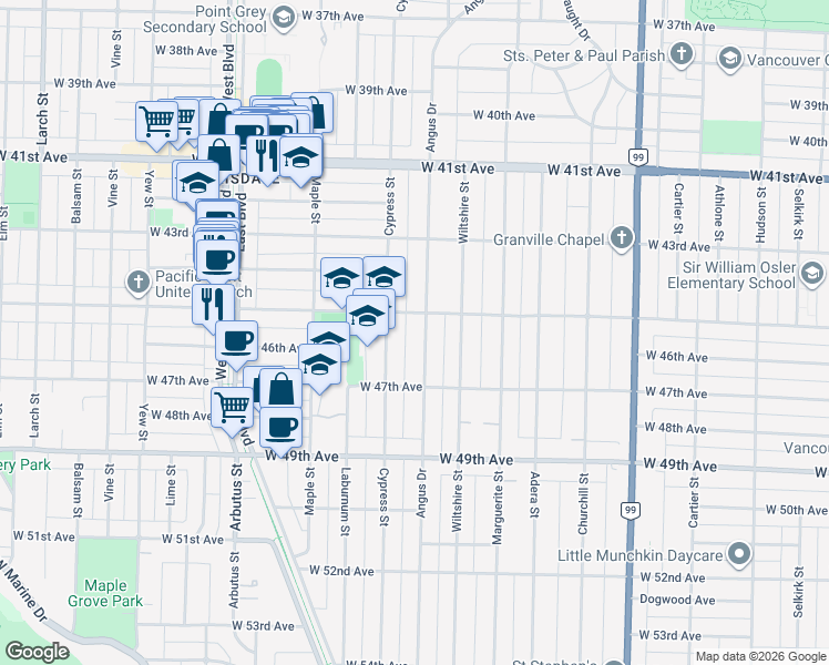 map of restaurants, bars, coffee shops, grocery stores, and more near 6149 Angus Drive in Vancouver