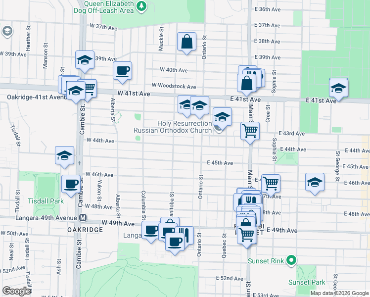 map of restaurants, bars, coffee shops, grocery stores, and more near 56 West 44th Avenue in Vancouver