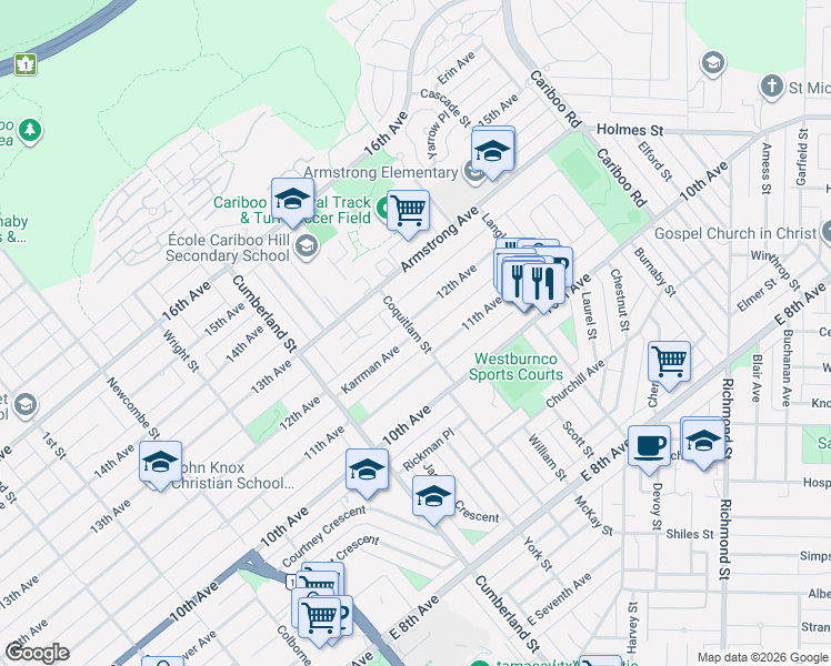map of restaurants, bars, coffee shops, grocery stores, and more near Coquitlam Street in Burnaby