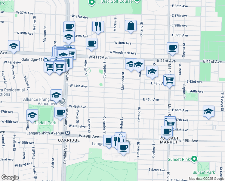 map of restaurants, bars, coffee shops, grocery stores, and more near 150 West 44th Avenue in Vancouver