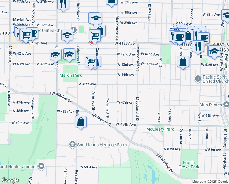 map of restaurants, bars, coffee shops, grocery stores, and more near 6187 Mackenzie Street in Vancouver