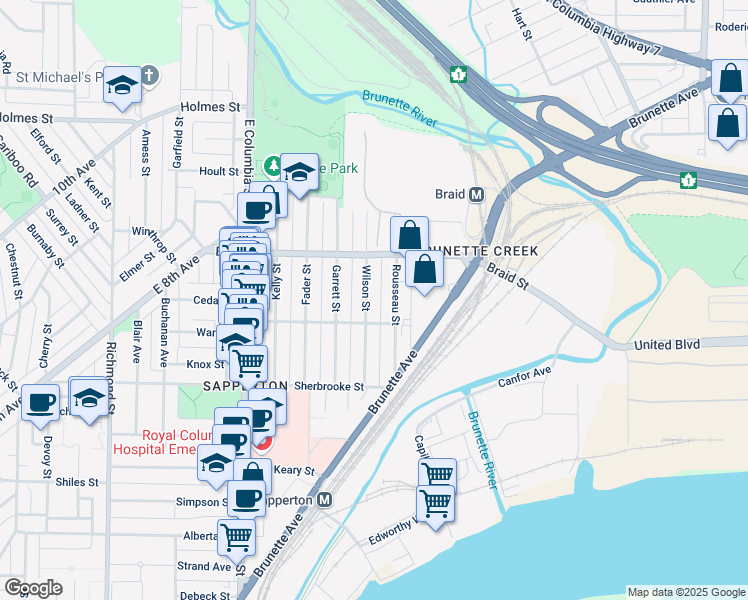 map of restaurants, bars, coffee shops, grocery stores, and more near 450 Wilson Street in New Westminster
