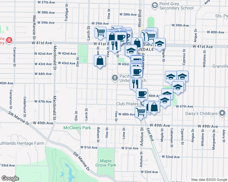 map of restaurants, bars, coffee shops, grocery stores, and more near 6141 Yew Street in Vancouver