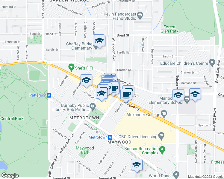 map of restaurants, bars, coffee shops, grocery stores, and more near 4501 Kingsway in Burnaby
