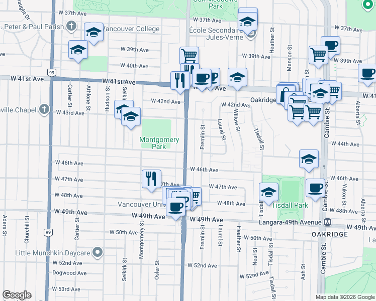 map of restaurants, bars, coffee shops, grocery stores, and more near 6098 Oak Street in Vancouver