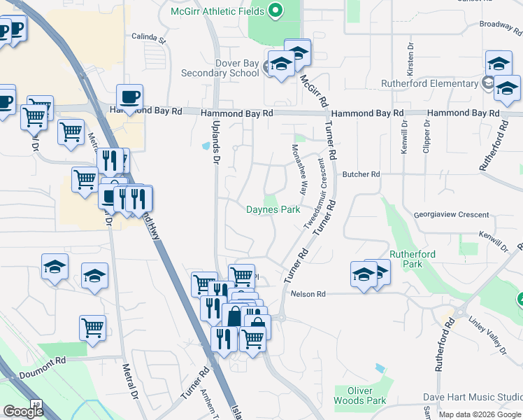 map of restaurants, bars, coffee shops, grocery stores, and more near 6178 Parkwood Drive in Nanaimo