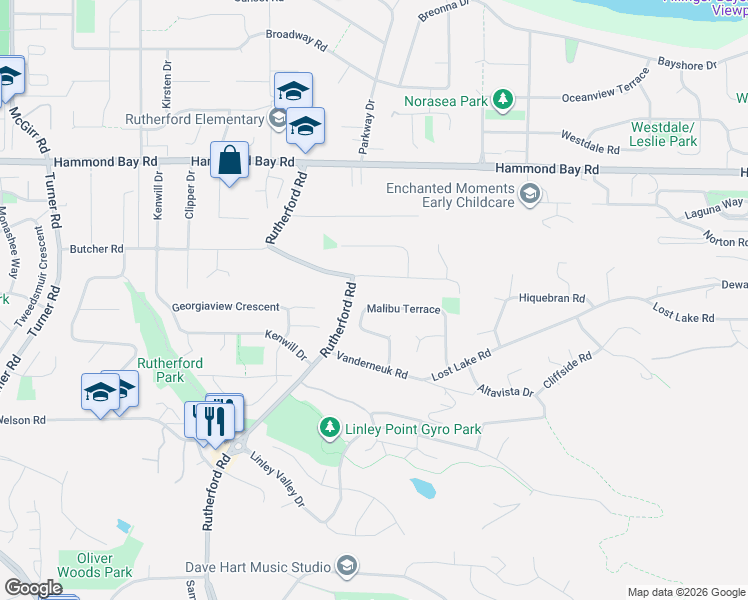 map of restaurants, bars, coffee shops, grocery stores, and more near 5701 Malibu Terrace in Nanaimo