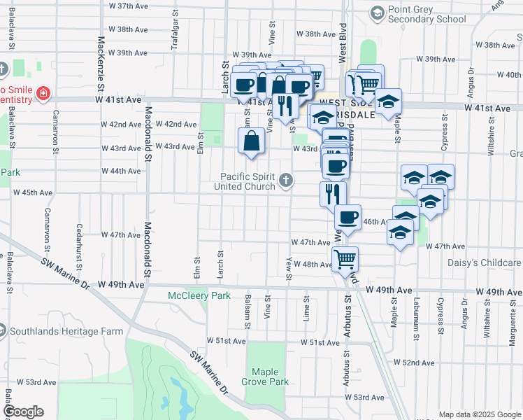 map of restaurants, bars, coffee shops, grocery stores, and more near 6131 Vine Street in Vancouver