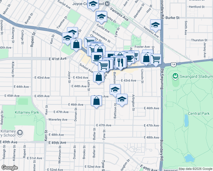 map of restaurants, bars, coffee shops, grocery stores, and more near 5892 Tyne Street in Vancouver