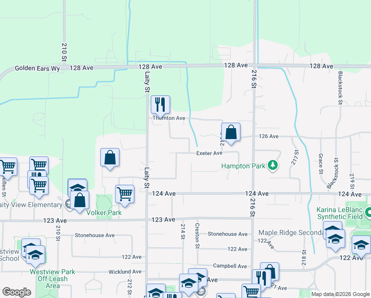 map of restaurants, bars, coffee shops, grocery stores, and more near 21395 Exeter Avenue in Maple Ridge
