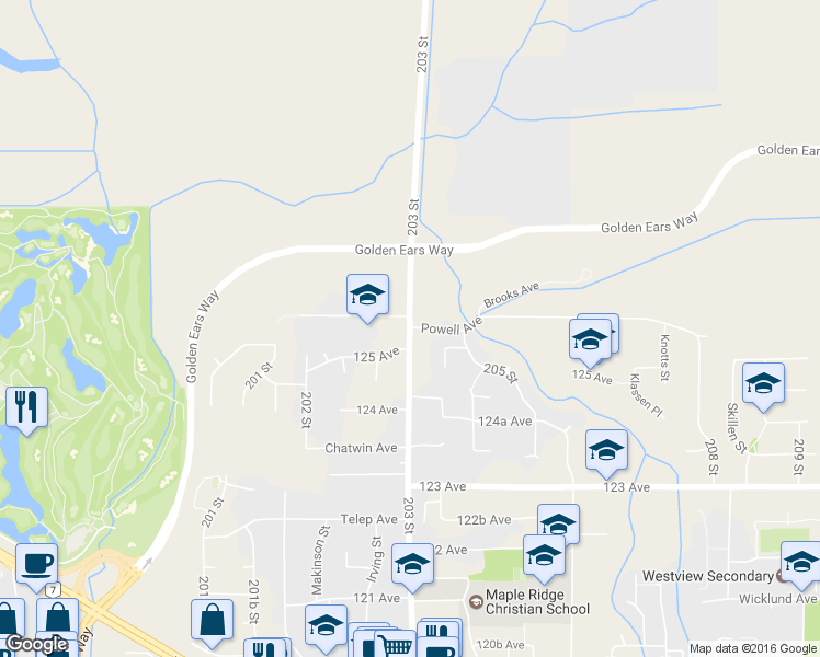 map of restaurants, bars, coffee shops, grocery stores, and more near 12518 203 Street in Maple Ridge