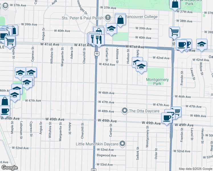 map of restaurants, bars, coffee shops, grocery stores, and more near 1432 West 45th Avenue in Vancouver