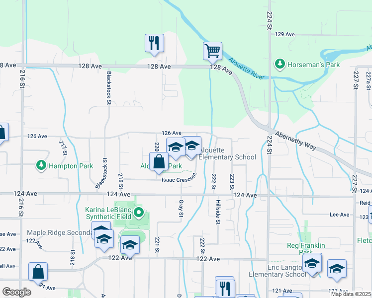 map of restaurants, bars, coffee shops, grocery stores, and more near 12580 Gray Street in Maple Ridge