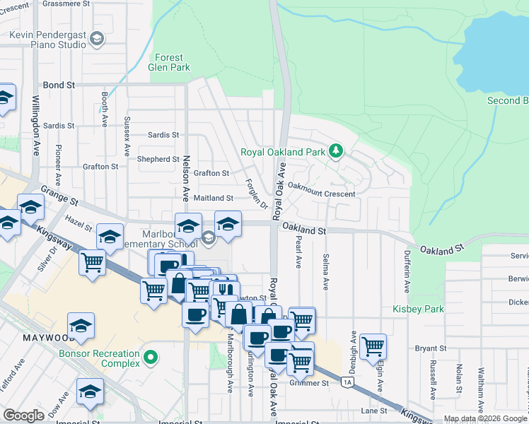 map of restaurants, bars, coffee shops, grocery stores, and more near 5955 Forglen Drive in Burnaby