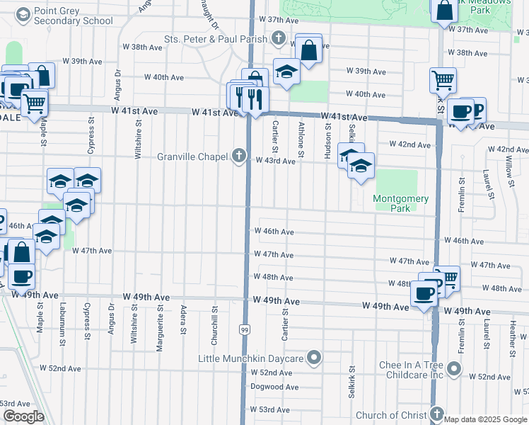 map of restaurants, bars, coffee shops, grocery stores, and more near 1458 West 45th Avenue in Vancouver