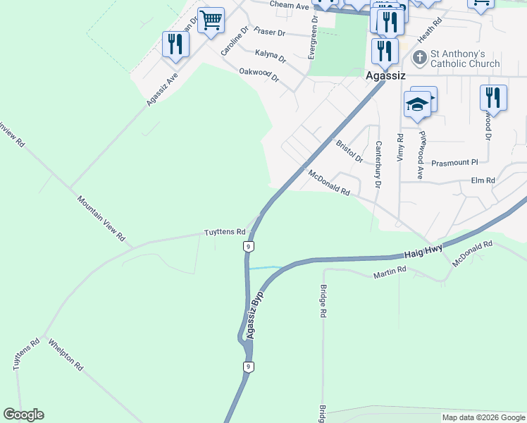 map of restaurants, bars, coffee shops, grocery stores, and more near 1379 Agassiz-Rosedale Highway in Agassiz