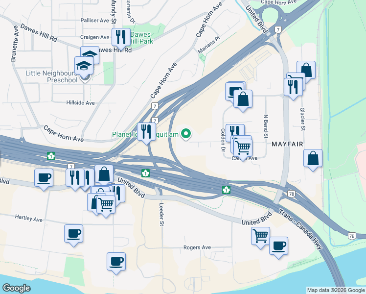 map of restaurants, bars, coffee shops, grocery stores, and more near 2300 Rocket Way in Coquitlam