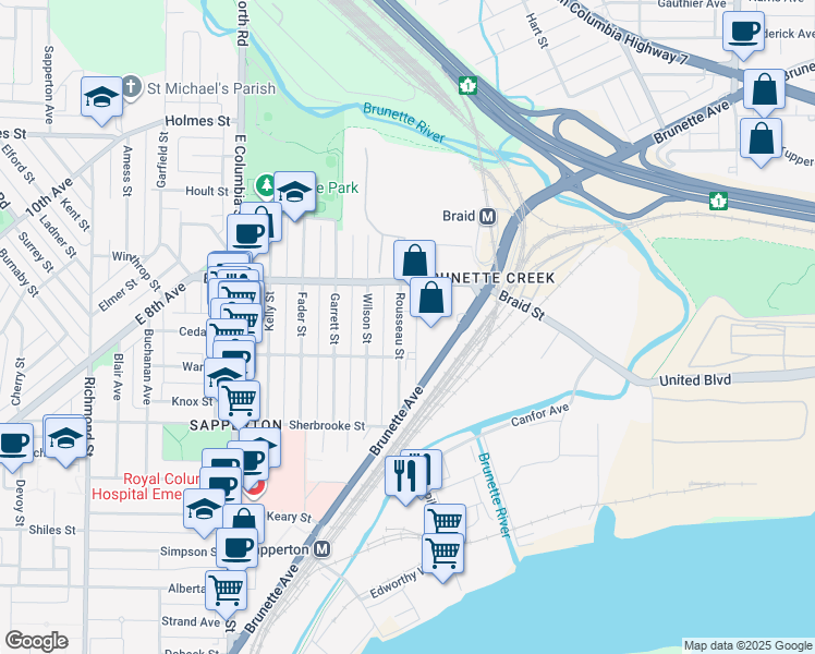 map of restaurants, bars, coffee shops, grocery stores, and more near 454 Rousseau Street in New Westminster