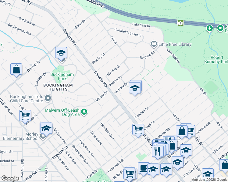 map of restaurants, bars, coffee shops, grocery stores, and more near 7725 Berkley Street in Burnaby