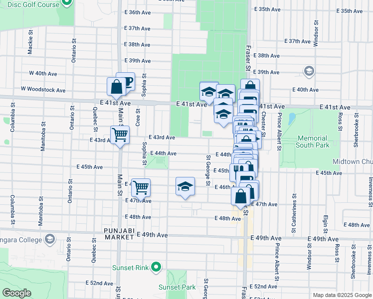 map of restaurants, bars, coffee shops, grocery stores, and more near 445 East 44th Avenue in Vancouver