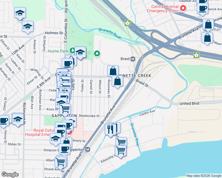 map of restaurants, bars, coffee shops, grocery stores, and more near 454 Rousseau Street in New Westminster