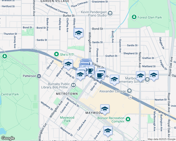 map of restaurants, bars, coffee shops, grocery stores, and more near 4501 Kingsway in Burnaby