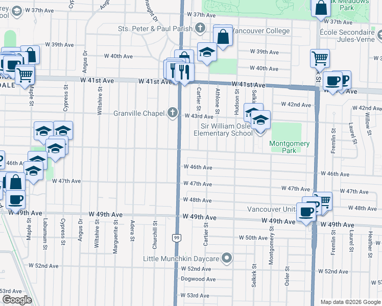 map of restaurants, bars, coffee shops, grocery stores, and more near in Vancouver