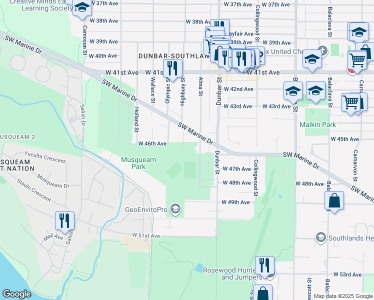 map of restaurants, bars, coffee shops, grocery stores, and more near 6180 Highbury Street in Vancouver