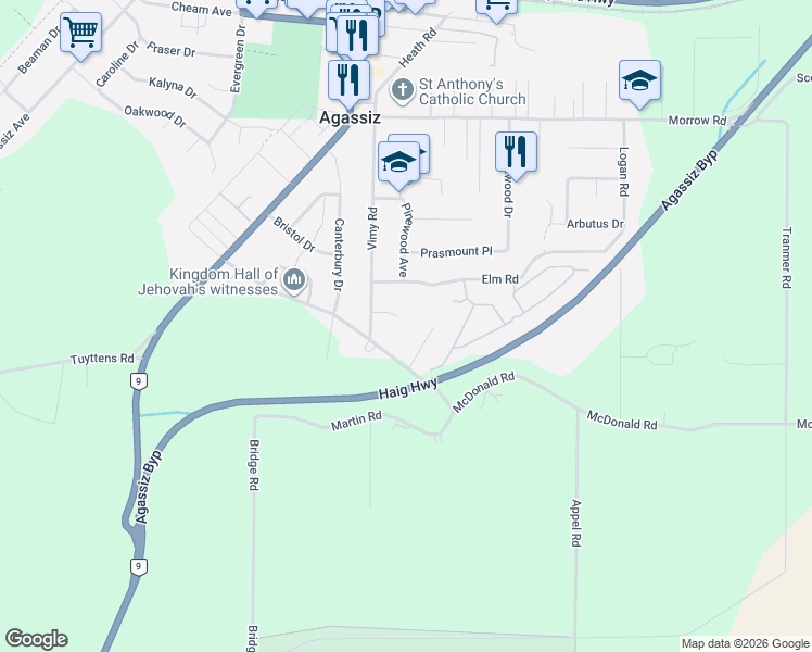 map of restaurants, bars, coffee shops, grocery stores, and more near 7238 Gerrit Place in Agassiz