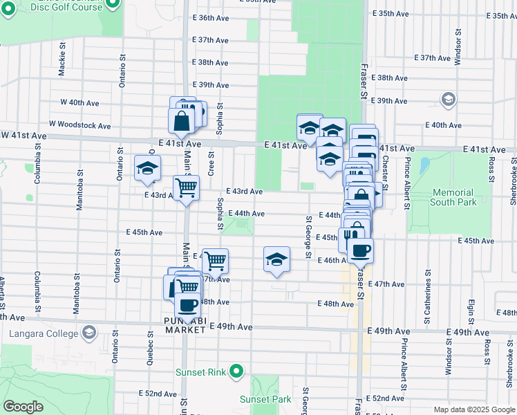 map of restaurants, bars, coffee shops, grocery stores, and more near 5980 Prince Edward Street in Vancouver
