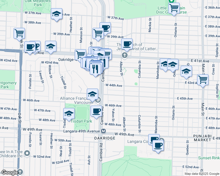 map of restaurants, bars, coffee shops, grocery stores, and more near in Vancouver