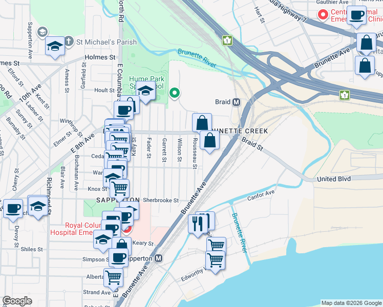 map of restaurants, bars, coffee shops, grocery stores, and more near 453 Rousseau Street in New Westminster