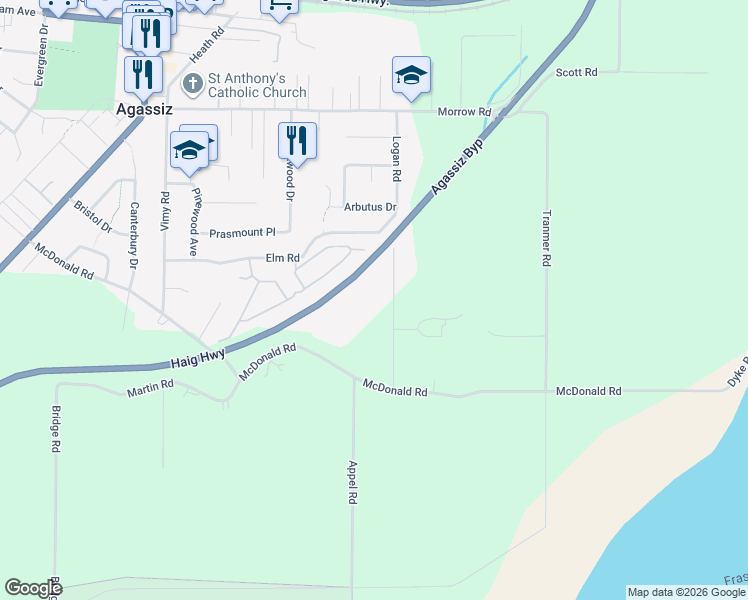 map of restaurants, bars, coffee shops, grocery stores, and more near 1460 Johnson Road in Agassiz