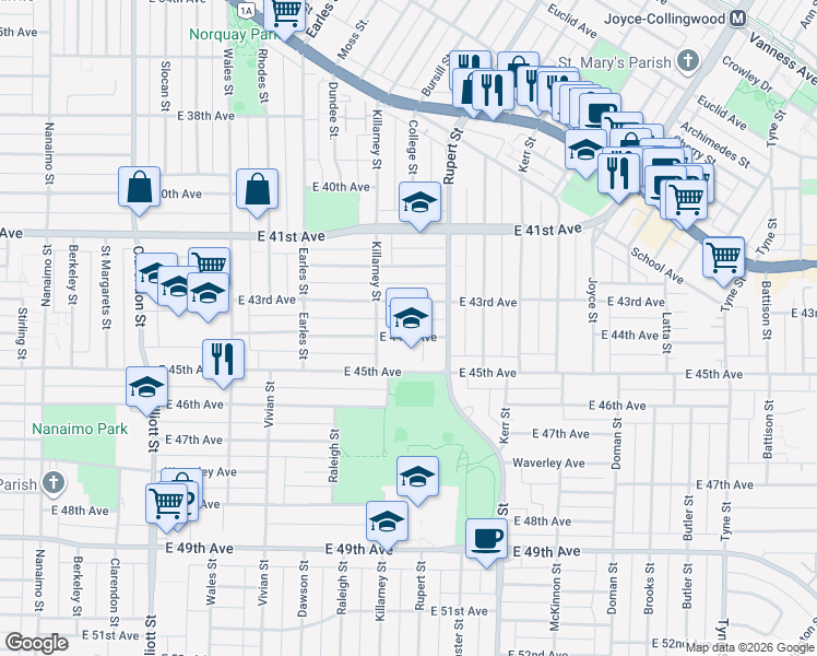 map of restaurants, bars, coffee shops, grocery stores, and more near 2945 East 44th Avenue in Vancouver