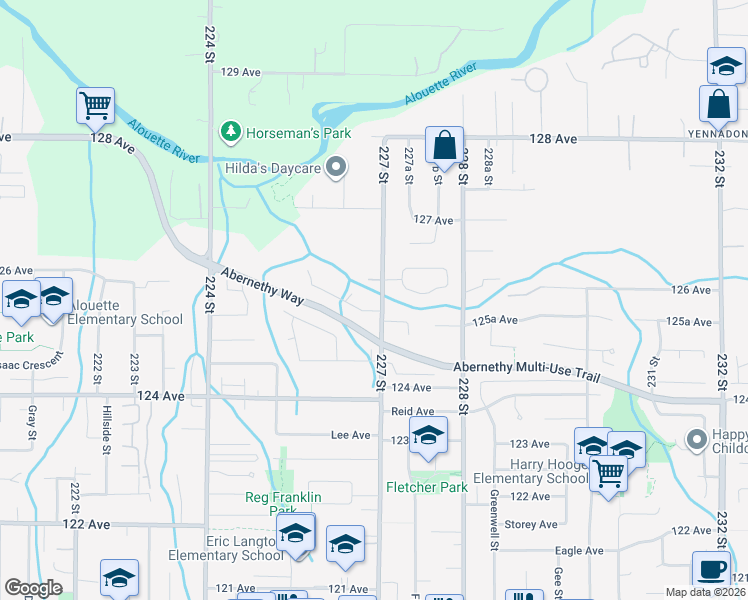 map of restaurants, bars, coffee shops, grocery stores, and more near 12515 227 Street in Maple Ridge
