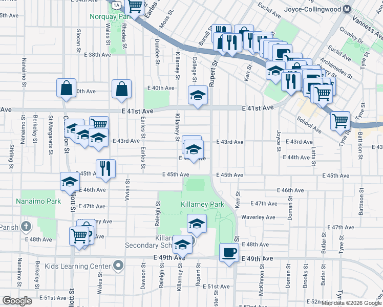 map of restaurants, bars, coffee shops, grocery stores, and more near 2943 East 44th Avenue in Vancouver