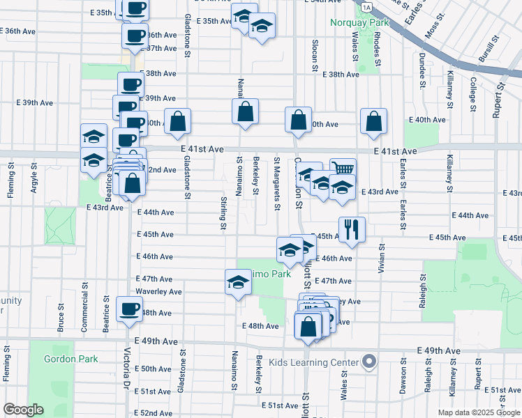 map of restaurants, bars, coffee shops, grocery stores, and more near 5882 Berkeley Street in Vancouver