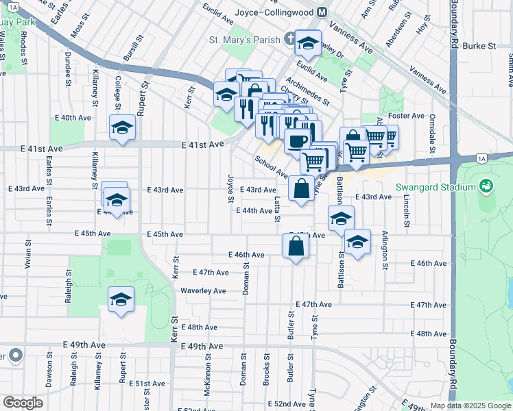 map of restaurants, bars, coffee shops, grocery stores, and more near 3251 East 44th Avenue in Vancouver