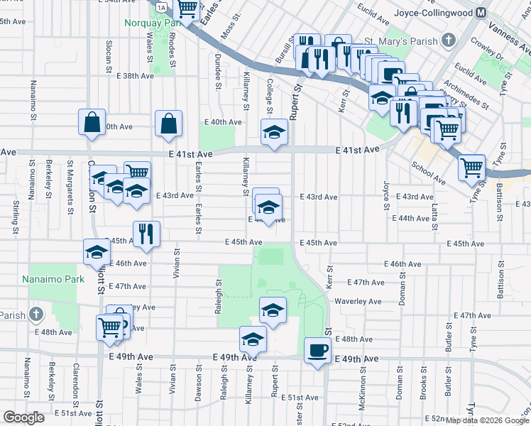 map of restaurants, bars, coffee shops, grocery stores, and more near 2943 East 44th Avenue in Vancouver